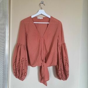 Lovestitch Peasant Blouse Puffy Sleeve Tie Top Rust Orange Boho Bohemian